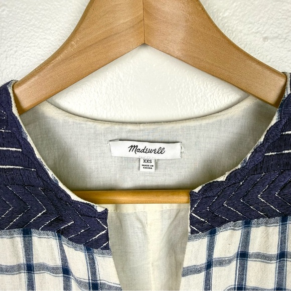 Madewell Blue White Linen Blend Plaid Shift Dress Embroidered Neck - Picture 3 of 5